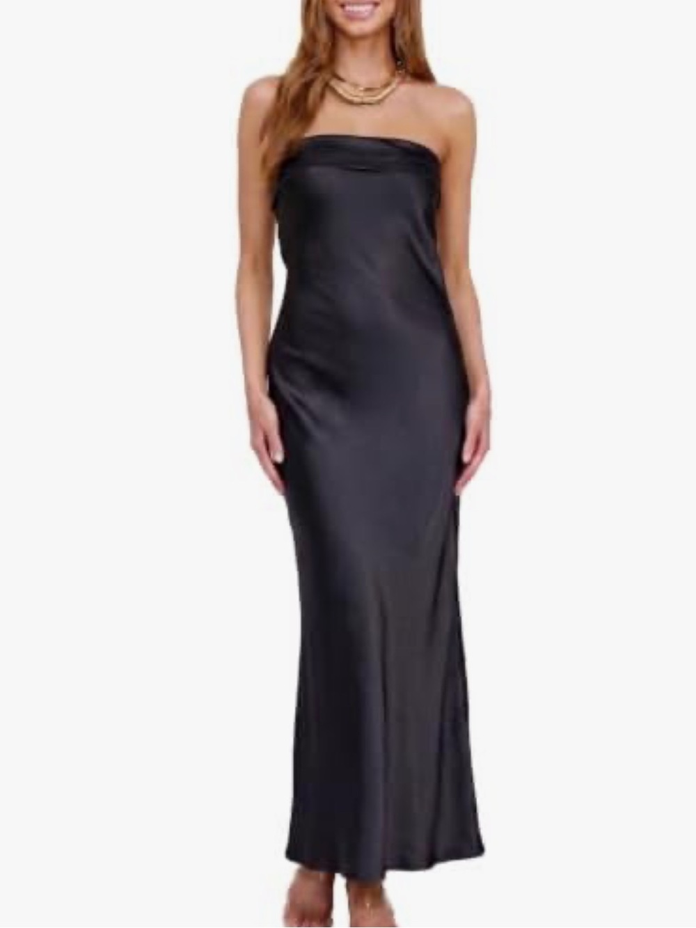 Realtix Summer Satin Strapless Backless Maxi Dress Black Size XL